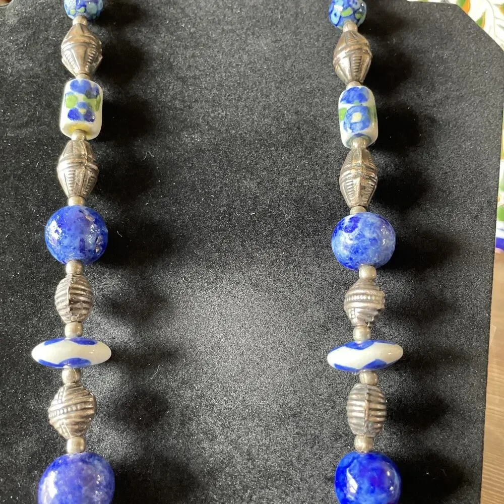 Vintage Hand Painted Chinese Porcelain Bead And Silver Beads Necklace